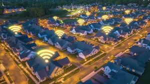 Homes,With,Wi-fi,Connectivity,Symbols,Animated,At,Night.,Modern,American